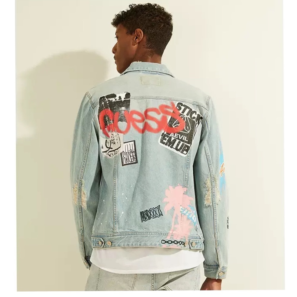 New GUESS Men’s Graffiti Dillon Denim Jacket SZ XS - Picture 6 of 12